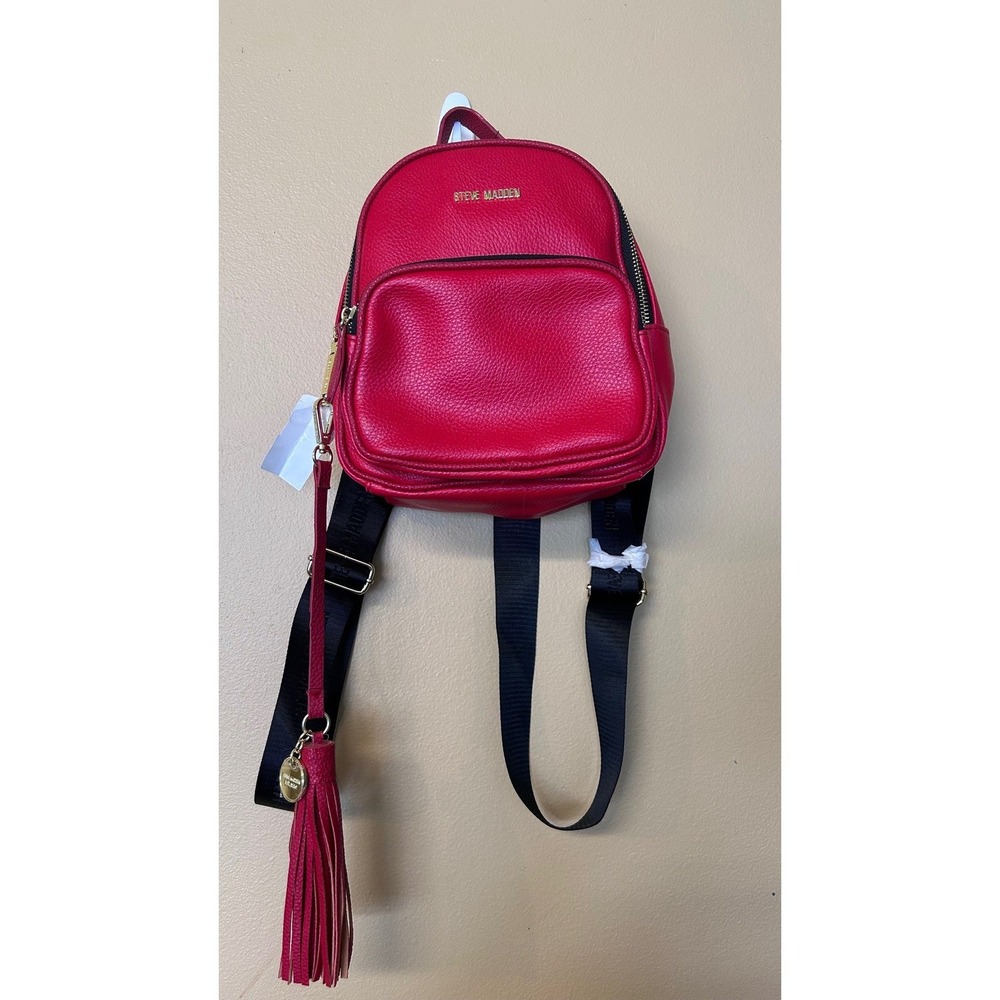 Steve Madden Womens Red Mini Backpack Pebbled Faux Leather Tassel Gold Hardware